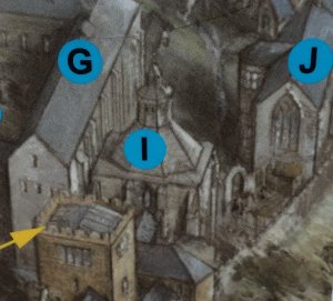 Close-up of the kitchen building (labelled I)