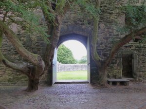 The gateway flanked by ancient yew trees