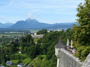 The castle terrace restaurant, with the mountain views in the background
