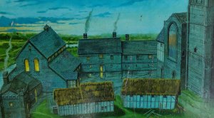 Picture from the motte showing the Great Hall and St Mary's Church