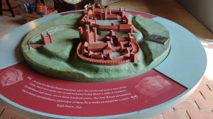 Model of the house showing the motte, curtain walls and gatehouse with towers