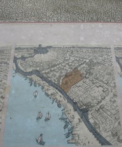Old map showing the castle and the walls