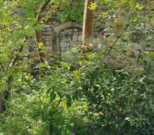 An ancient archway, once part of the college building, is now part of a garden wall beside the gatehouse