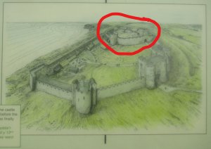 Picture of the enlarged castle with the original motte and bailey circled in red
