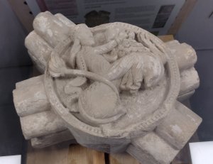 Ceiling boss depicting Samson and the lion