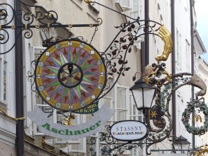 Shop signs in the main shopping street , the Getreidegasse