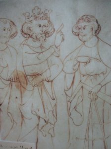 Print showing Edward I and Master James of St George (all from CADW exhibition boards at the castle)