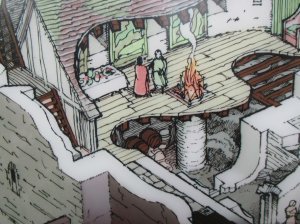 From a Cadw board: showing the hearth in the middle of the floor, built on top of the stone stack